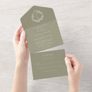 Invitation Tout En Un Sage Green Foliage Crest All in One Wedding Invita
