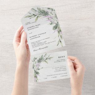 Invitation Tout En Un Sage Green Lilac Eucalyptus Mariage botanique
