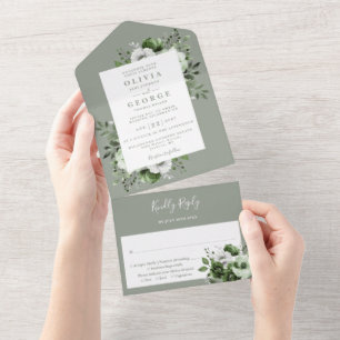 Invitation Tout En Un Sage Green Moderne Botanique Floral Mariage