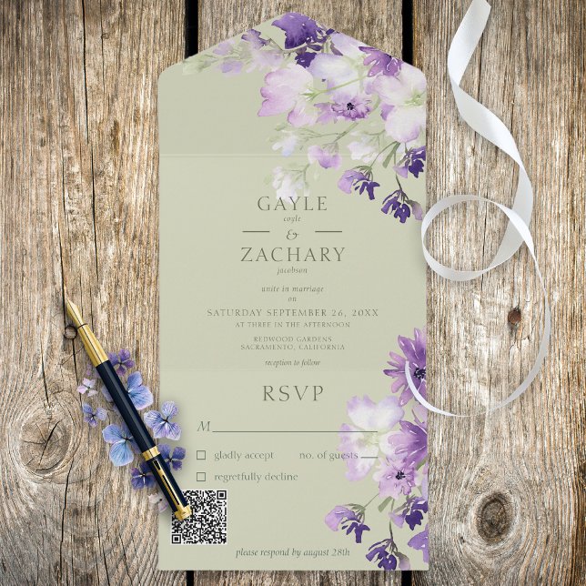 Invitation Tout En Un Sage Green Purple Boho Floral QR Code (Créateur téléchargé)