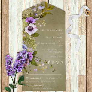 Invitation Tout En Un Sage Green & Purple Floral Dîner Moderne