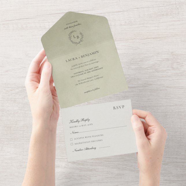 Invitation Tout En Un Sage Green Velvet, Laurel Wreath Wedding (Déchirure)