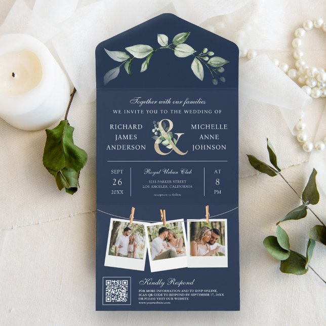 Invitation Tout En Un Sage Greenery Gold Ampersand QR Code Marine Mariag (Créateur téléchargé)