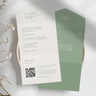 Invitation Tout En Un Sage & ivoire Monogramme QR Tout en un mariage Inv