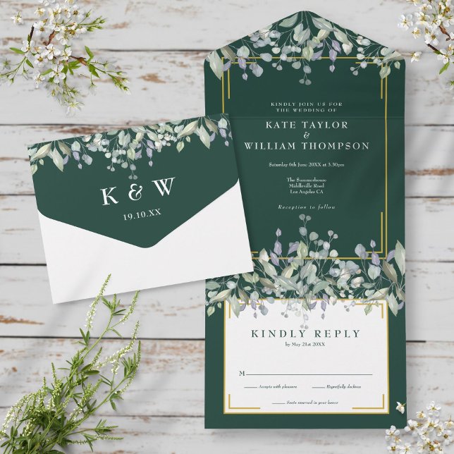 Invitation Tout En Un Sage Lilac Folithe Emerald Monogram Mariage (Créateur téléchargé)