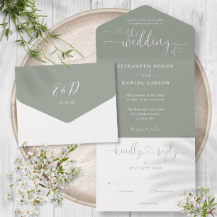 Invitation Tout En Un Sage moderne Vert Coeurs Script minimaliste Mariag