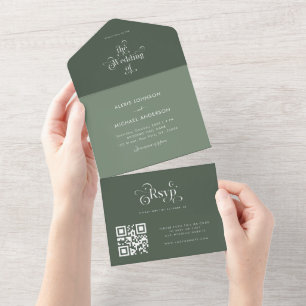 Invitation Tout En Un Sage Moss Green Shades Retro Typographie Code QR