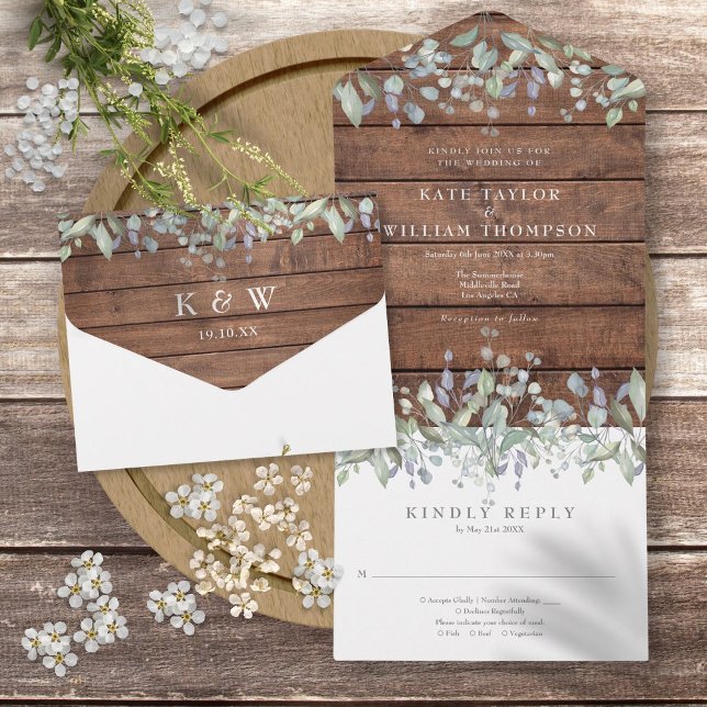 Invitation Tout En Un Sage Rustique De Bois Et Mariage De Monogramme Flo (Rustic Wood Sage And Lilac Floral Monogram Wedding All In One Invitation)