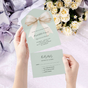 Invitation Tout En Un Sage vert beige crème arc Quinceanera rsvp