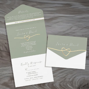 Invitation Tout En Un Sage vert minimaliste et Mariage or