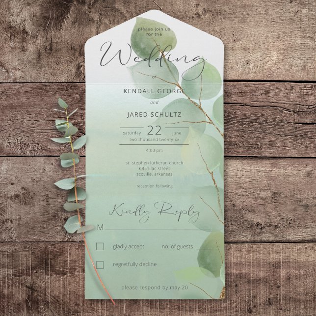 Invitation Tout En Un Sage Vert Moderne Eucalyptus Pas De Dîner (Sage Green Modern Eucalyptus All In One Wedding Invitation without Dinner Options)