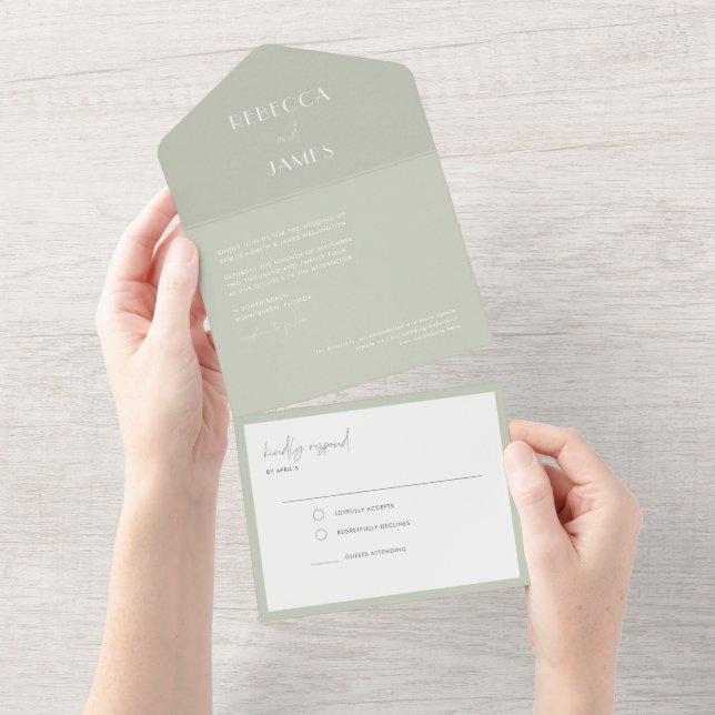 Invitation Tout En Un Sceau vert Sage clair moderne Envoyer Mariage (Déchirure)