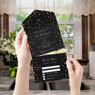 Invitation Tout En Un Script Black gold stars mariage