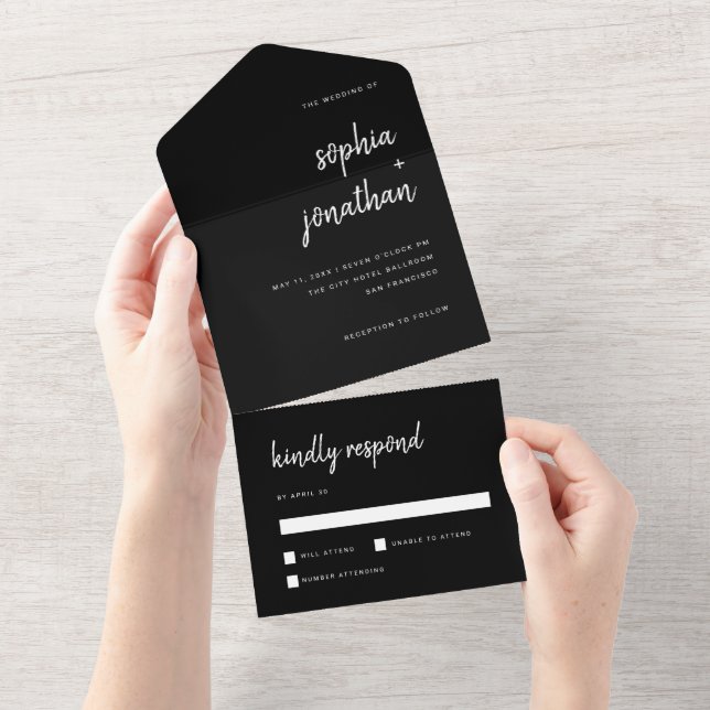Invitation Tout En Un Script Black | Wedding (Déchirure)