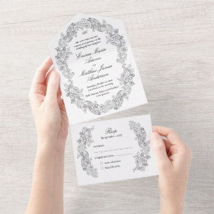 Invitation Tout En Un Script classique sophistiqué Mariage noir et blanc