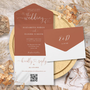 Invitation Tout En Un Script Hearts Terracotta QR Code Mariage