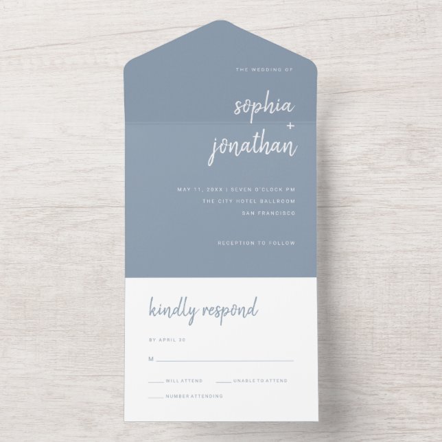 Invitation Tout En Un Script minimaliste moderne | Dusty Blue Mariage (À l'intérieur)