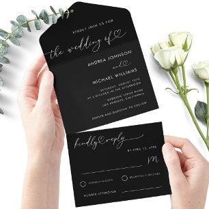 Invitation Tout En Un Script moderne Black Chic Coeur Mariage minimalist