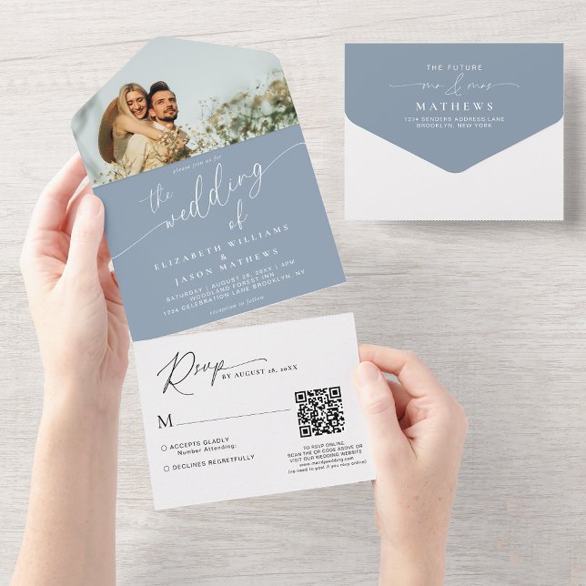 Invitation Tout En Un Script moderne Dusty Blue Photo QR Code Mariage (Créateur téléchargé)