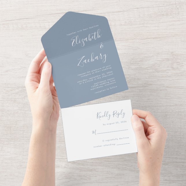 Invitation Tout En Un Script moderne Mariage bleu poussiéreux minimal (Déchirure)