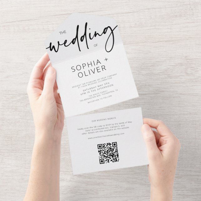 Invitation Tout En Un Script moderne Mariage gris argent (Déchirure)