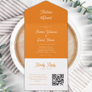 Invitation Tout En Un Script moderne rétro brillant Orange QR Code Maria