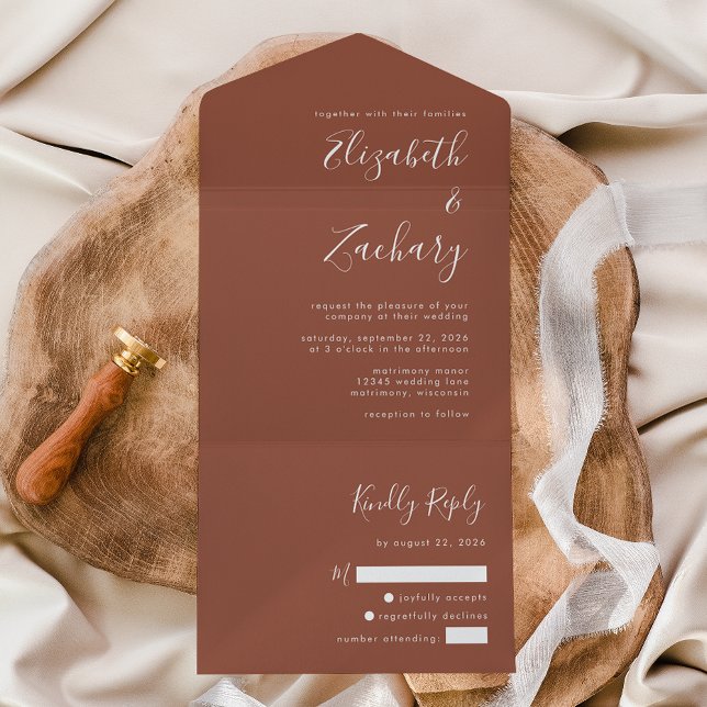 Invitation Tout En Un Script moderne Terracotta brûlé Mariage orange (Créateur téléchargé)