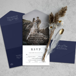 Invitation Tout En Un Script photo moderne RSVP Entree Marine Mariage bl