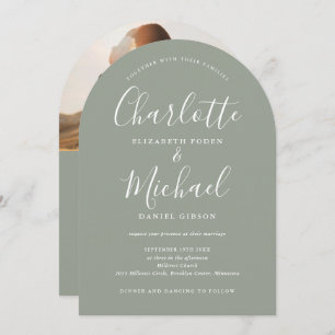 Invitation Tout en un script Photo Sage Green Arch Mariage