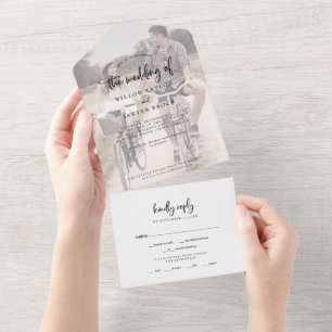 Invitation Tout En Un Script rustique Faded Photo Mariage All In One Inv