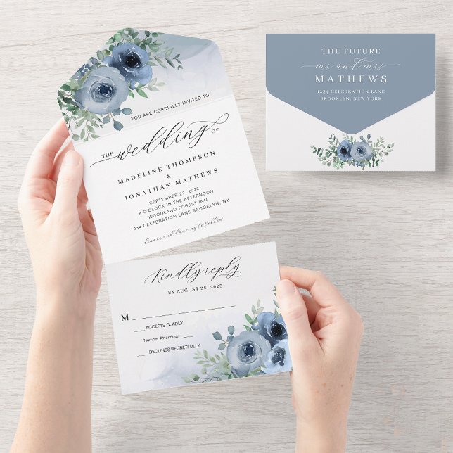 Invitation Tout En Un Script Whimsical élégant Floral Dusty Blue Mariage (Créateur téléchargé)