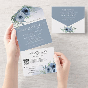 Invitation Tout En Un Script Whimsical Floral Dusty Blue QR Code Mariage