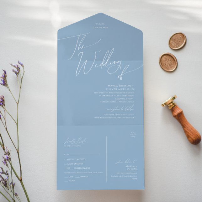 Invitation Tout En Un Script Whimsical | Mariage bleu de sceau et d'envo (Créateur téléchargé)