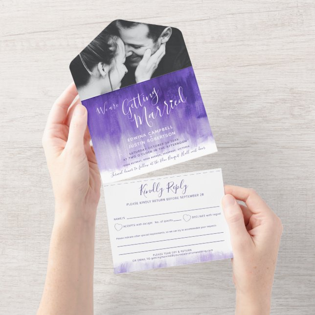Invitation Tout En Un Se marier mariage photo violet texte rsvp (Déchirure)