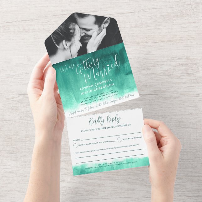 Invitation Tout En Un Se marier photo mariage émeraude vert rsvp (Déchirure)