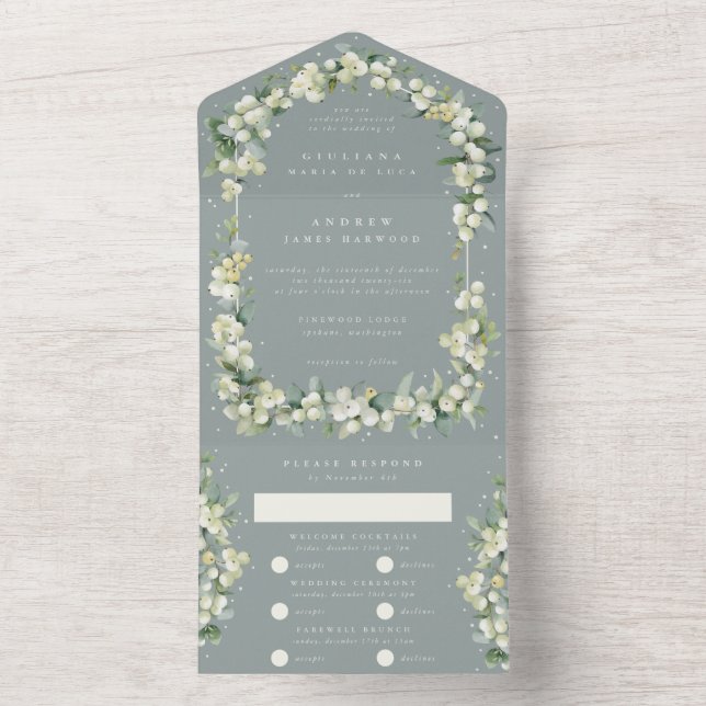 Invitation Tout En Un Seafoam Green Snowberry + Eucalyptus Mariage (À l'intérieur)