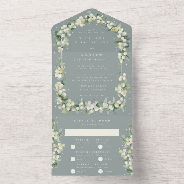 Invitation Tout En Un Seafoam Green Snowberry + Eucalyptus Mariage (À l'intérieur)