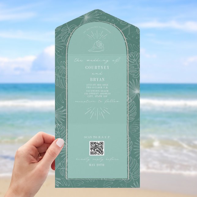 Invitation Tout En Un Seashell Palm Aqua Beach Wedding QR Code RSVP (Créateur téléchargé)
