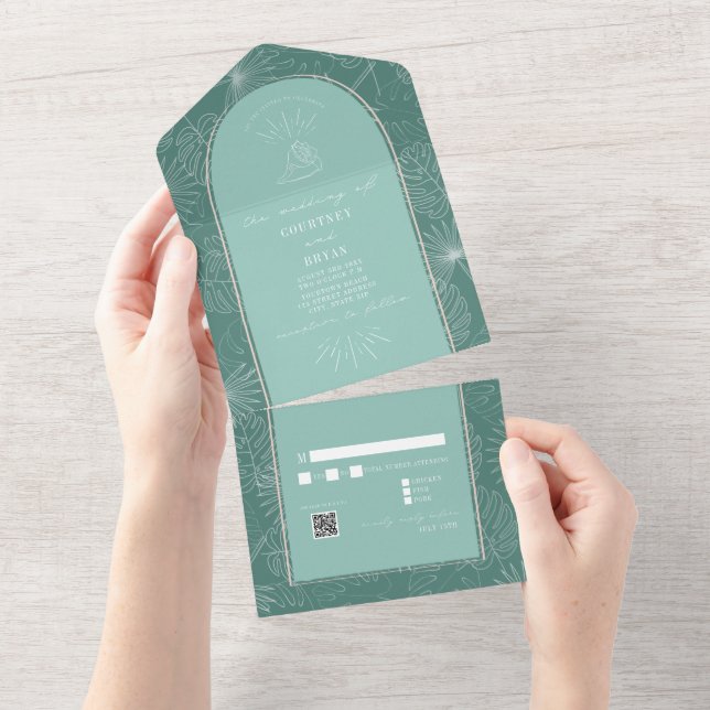 Invitation Tout En Un Seashell Palm Aqua Beach Wedding QR RSVP (Déchirure)