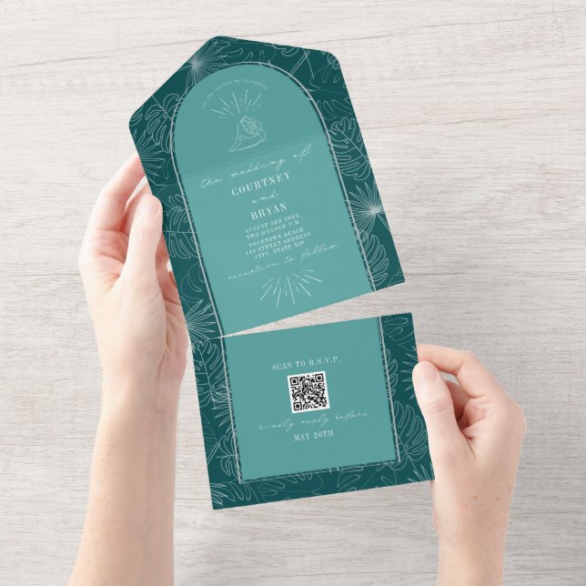 Invitation Tout En Un Seashell Palm Plage Turquoise Mariage QR Code RSVP (Déchirure)