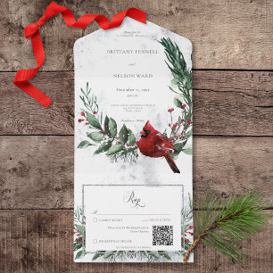 Invitation Tout En Un Serre d'hiver rustique et code QR cardinal rouge