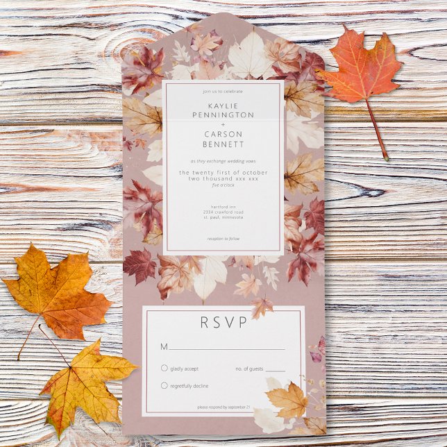 Invitation Tout En Un Serre Rustique de l'automne Feuilles Bourgogne Pas (Rustic Wreath of Fall Leaves Burgundy No Dinner All In One Invitation)
