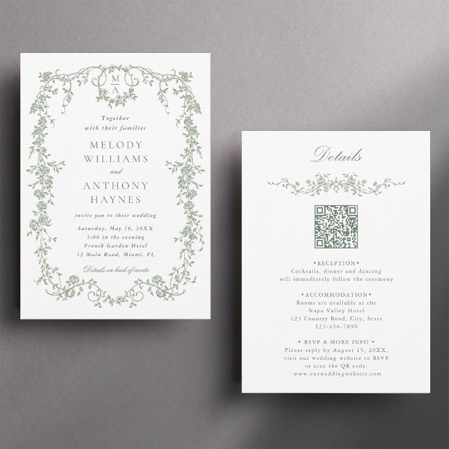 Invitation Tout en un seul Mariage Floral français vert (Front & Back)