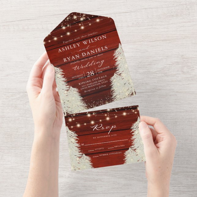 Invitation Tout En Un Shimmer Rustic Bois Chaîne Lumières Arbre Mariage (Déchirure)