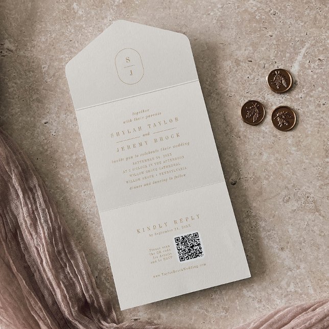 Invitation Tout En Un SHYLAH QR Code Minimal Gold Cream Mariage neutre (SHYLAH QR Code Minimal Gold Cream Neutral Wedding All In One Invitation)