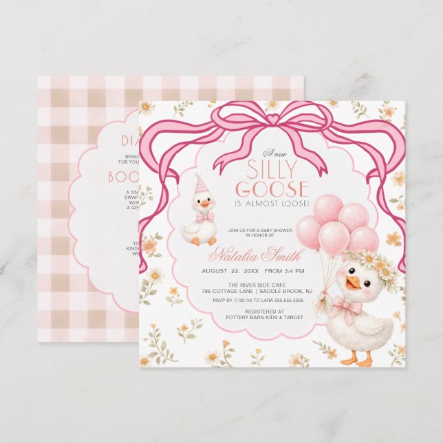 Invitation Tout en Un Silly Goose Gingham Bow Baby Shower (Devant / Derrière)