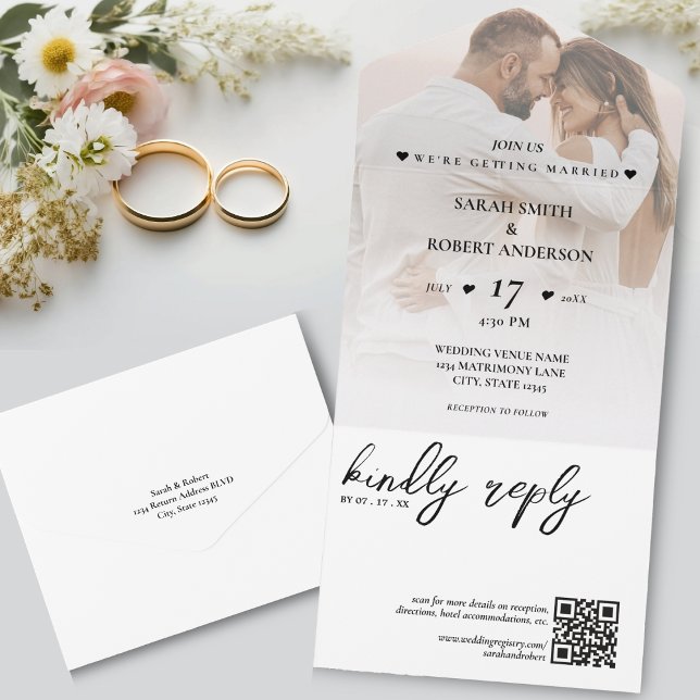 Invitation Tout En Un Simple blanc photo nouvellement mariée QR Code Mar (Simple White Newlywed Photo QR Code Wedding All In One Invitation)