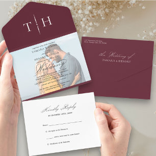 Invitation Tout En Un Simple Calligraphie Photo Burgundy RSVP Mariage