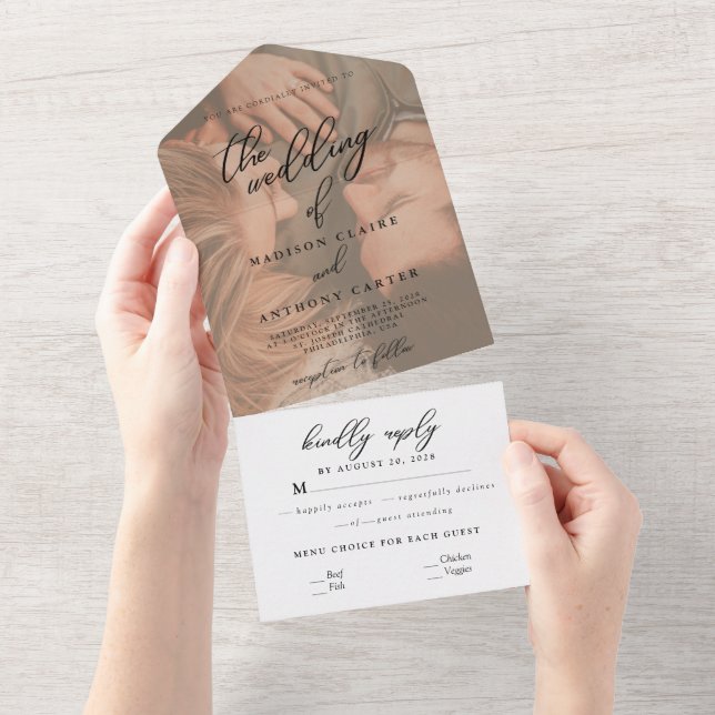 Invitation Tout En Un Simple calligraphie photo tout en un Mariage (Déchirure)