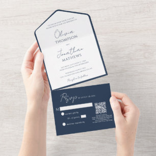 Invitation Tout En Un Simple Code QR Mariage Bordure Bleue Navy